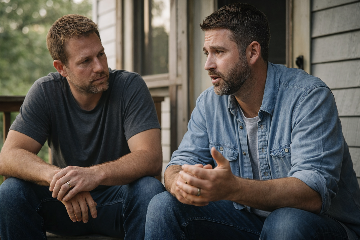 Two men sit on a back porch in morning light having an honest, serious conversation.