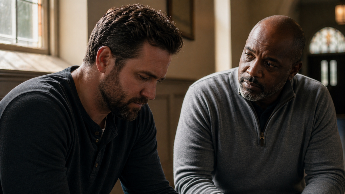 Two American men sit quietly in a church hallway during a serious conversation.