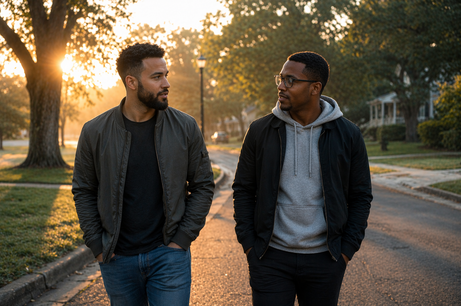 Two men walk side by side on a quiet neighborhood street in early morning light.
