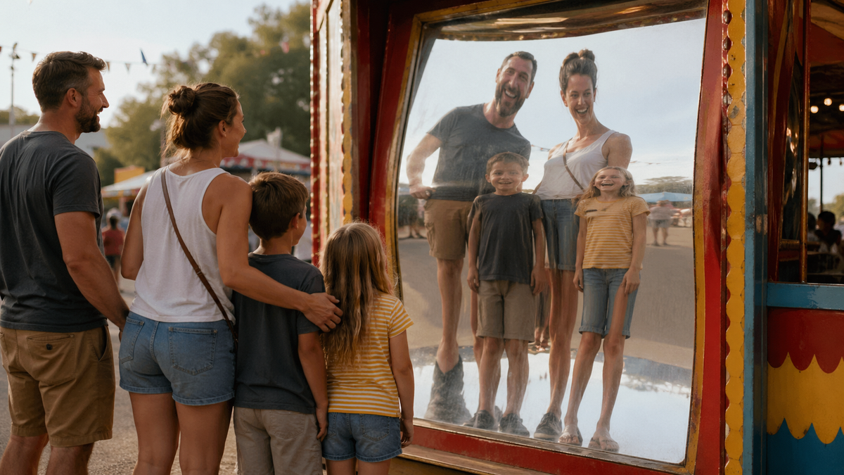 Family looking in a carnival mirror with their bodies distorted