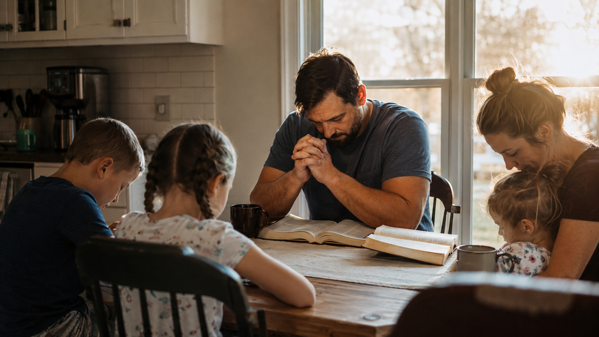A father prays at a kitchen table with his wife and children in soft morning light