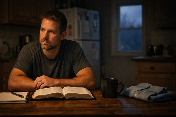 A man sits at a kitchen table before sunrise with an open Bible and notebook, reflecting quietly.