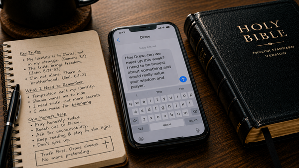 A close-up of a phone with a drafted text message, notebook, and Bible on a table
