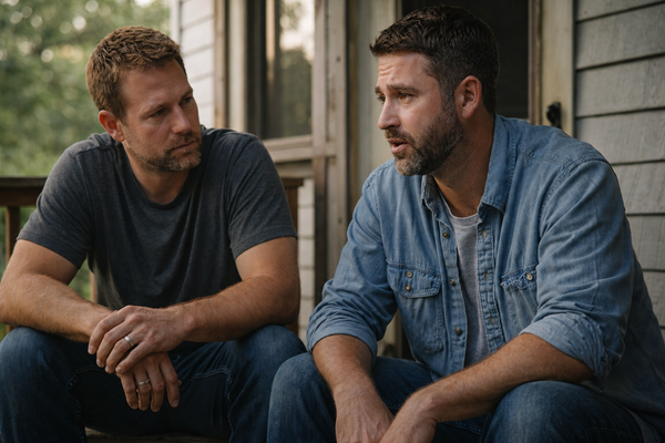 Two men sit on a back porch in morning light having an honest, serious conversation.