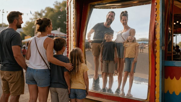 Family looking in a carnival mirror with their bodies distorted