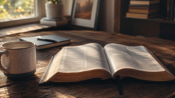 An open Bible rests on a wooden table beside coffee in soft morning light.